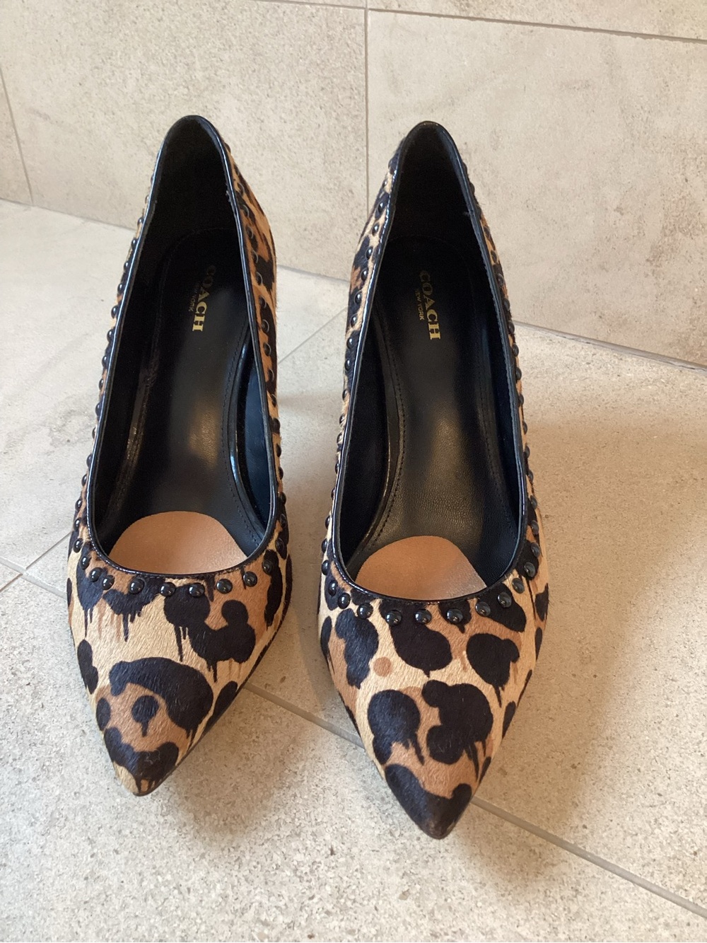 Coach Leopard Calf Hair Pointed Toe Studded Pumps - Tan/Black